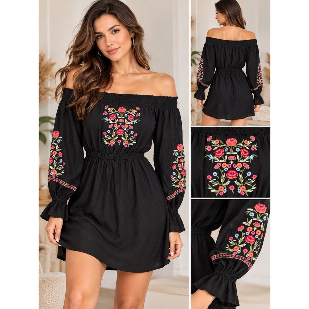 Hollister Dress Junior Small Black Floral Embroidered Off Shoulder Boho (11-b71)